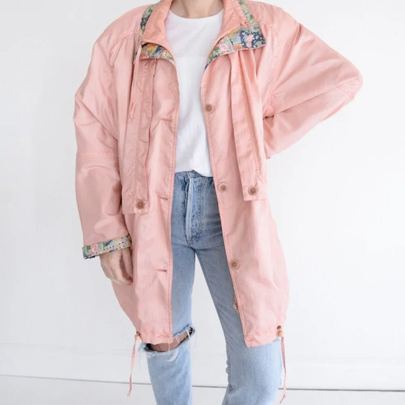 Vintage Sequence Peach Nylon w Floral Collar & Cuff Zip Up Utility Jacket 18 - Picture 2 of 12